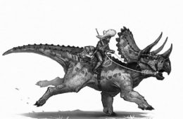 a cowboy riding a dinosaur in the wild west